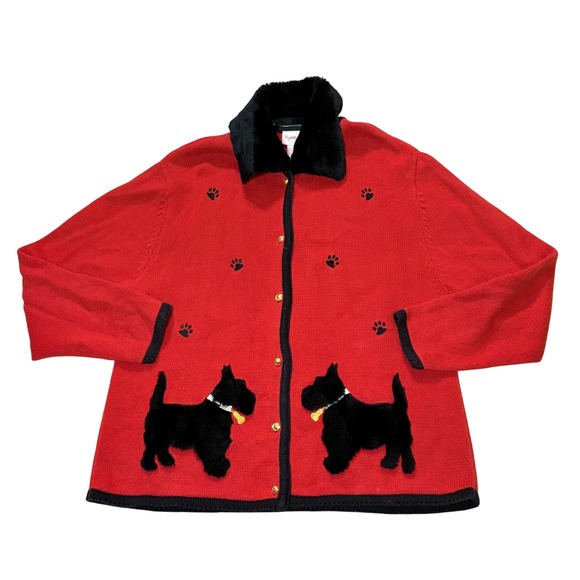 Crystal Kobe Sweaters - VTG Crystal Kobe‎ Red Scottish Terrier Dog Paw Print Cardigan Fur Collar size L